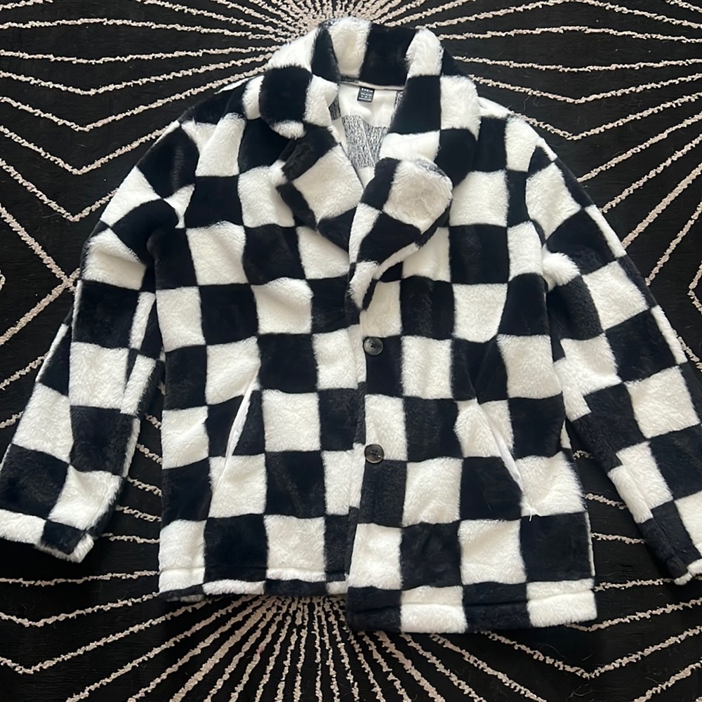 Black And White Checkered Faux Fur Unlined Lightweight Coat Medium